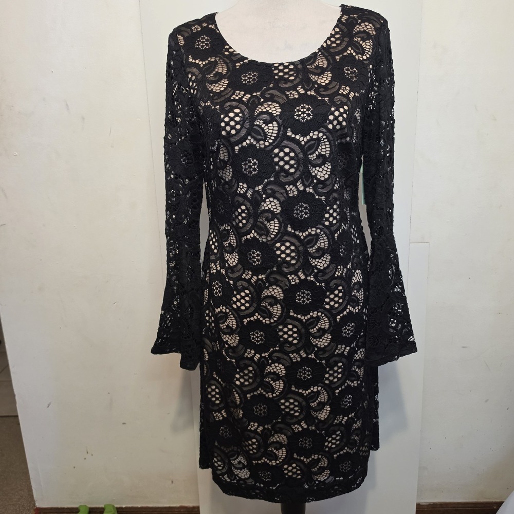 Signature by Robbie Bee Black Floral Lace Bell Sleeve Sheath Dress Women's M